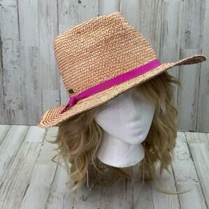 Frances Grey Straw Fedora Sun Hat In Natural/Pink ~Retail $370.00